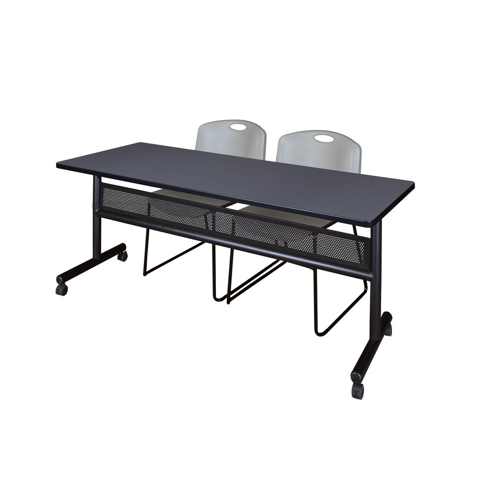 72" x 24" Flip Top Mobile Training Table with Modesty Panel- Grey and 2 Zeng Stack Chairs- Grey. Picture 1