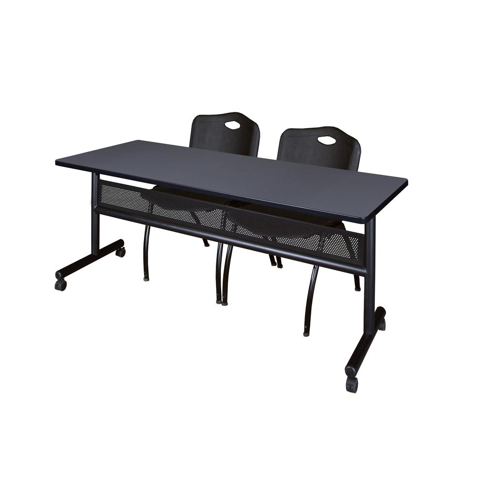 72" x 24" Flip Top Mobile Training Table with Modesty Panel- Grey and 2 "M" Stack Chairs- Black. Picture 1
