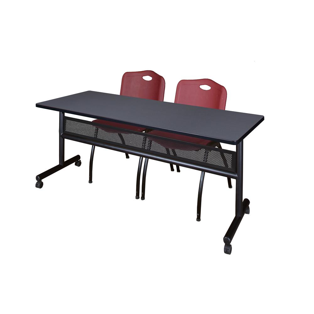 72" x 24" Flip Top Mobile Training Table with Modesty Panel- Grey and 2 "M" Stack Chairs- Burgundy. Picture 1