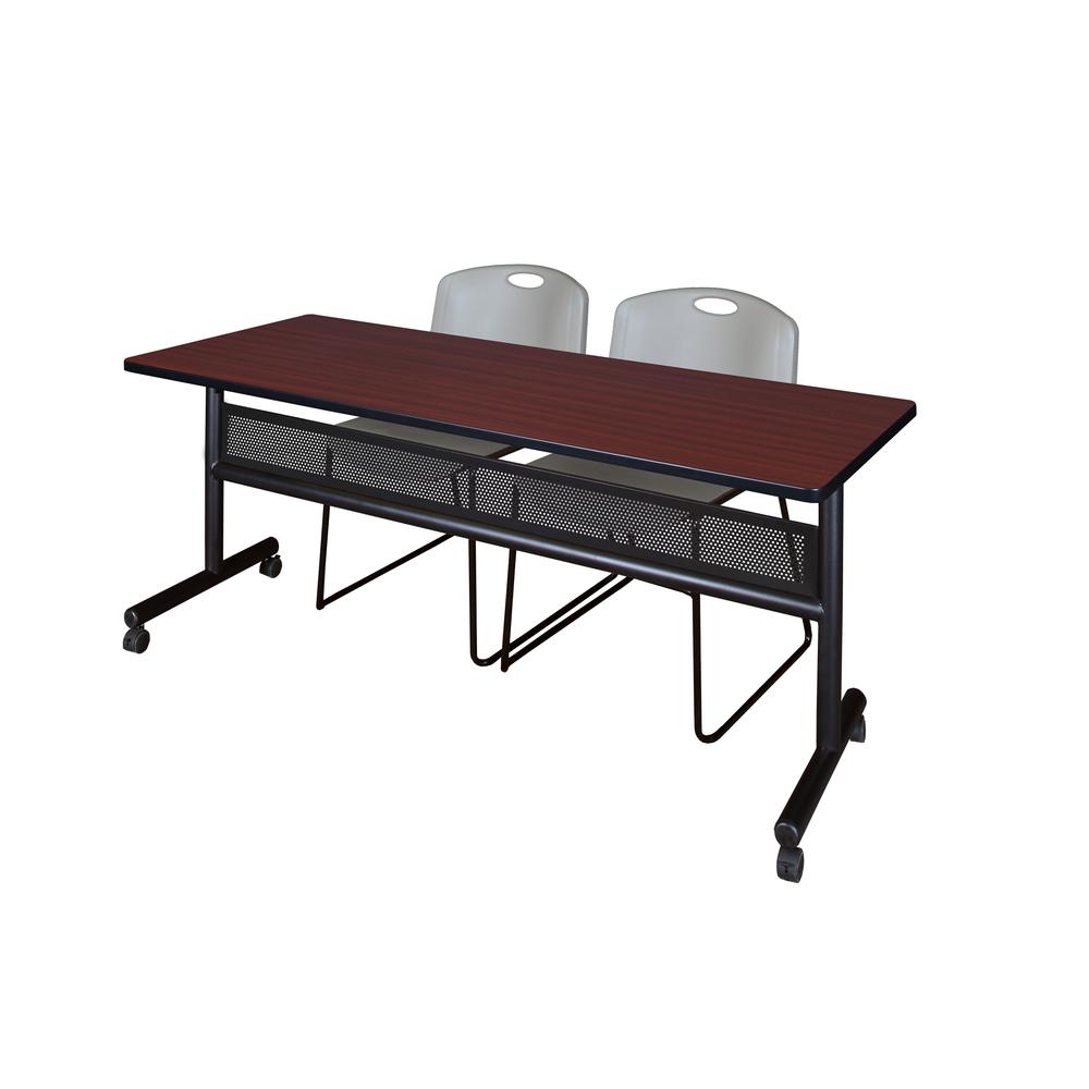 72" x 24" Flip Top Mobile Training Table with Modesty Panel- Mahogany and 2 Zeng Stack Chairs- Grey. Picture 1