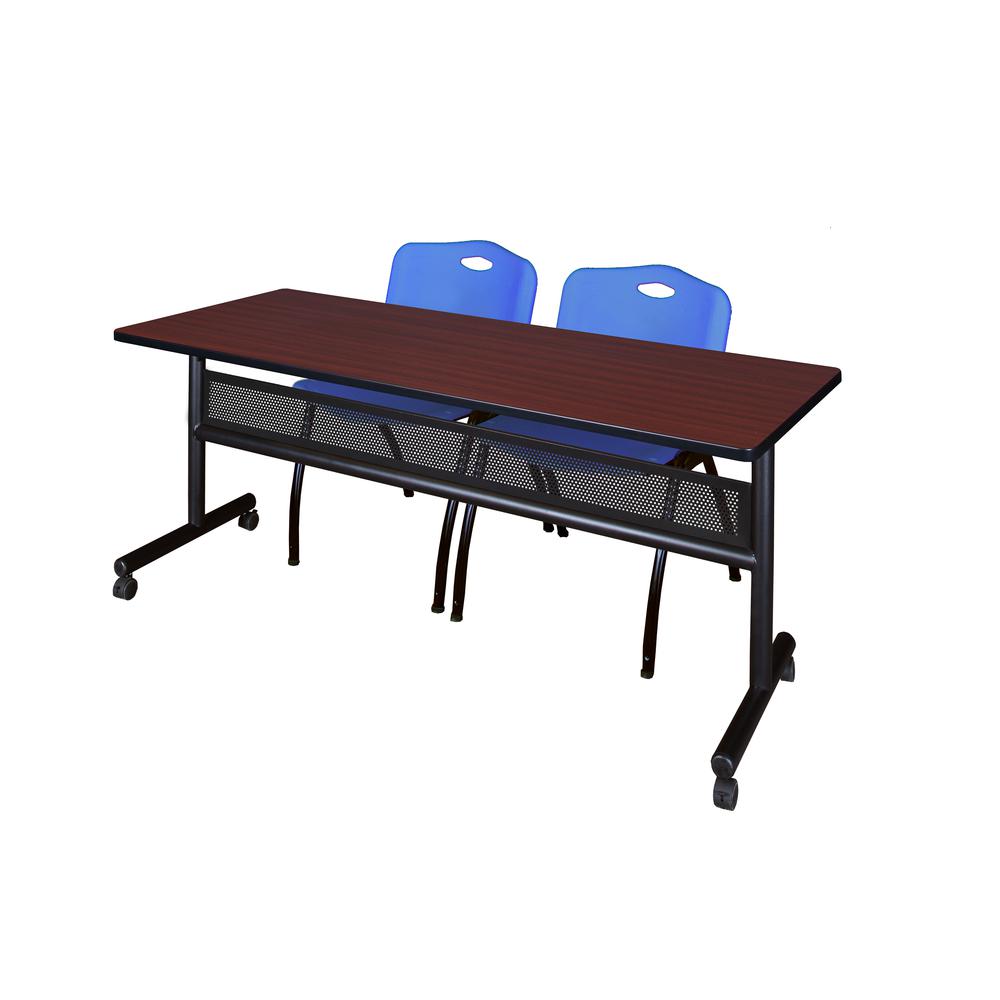 72" x 24" Flip Top Mobile Training Table with Modesty Panel- Mahogany and 2 "M" Stack Chairs- Blue. Picture 1