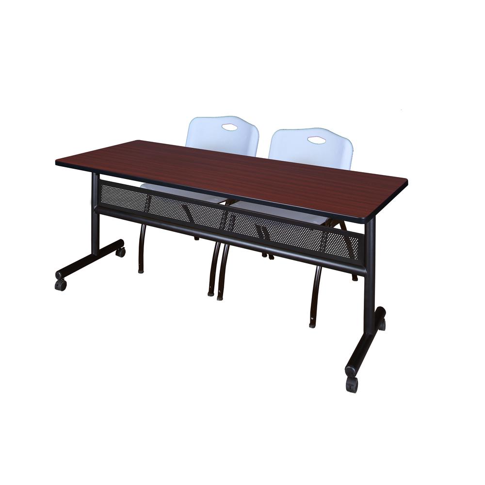 72" x 24" Flip Top Mobile Training Table with Modesty Panel- Mahogany and 2 "M" Stack Chairs- Grey. Picture 1