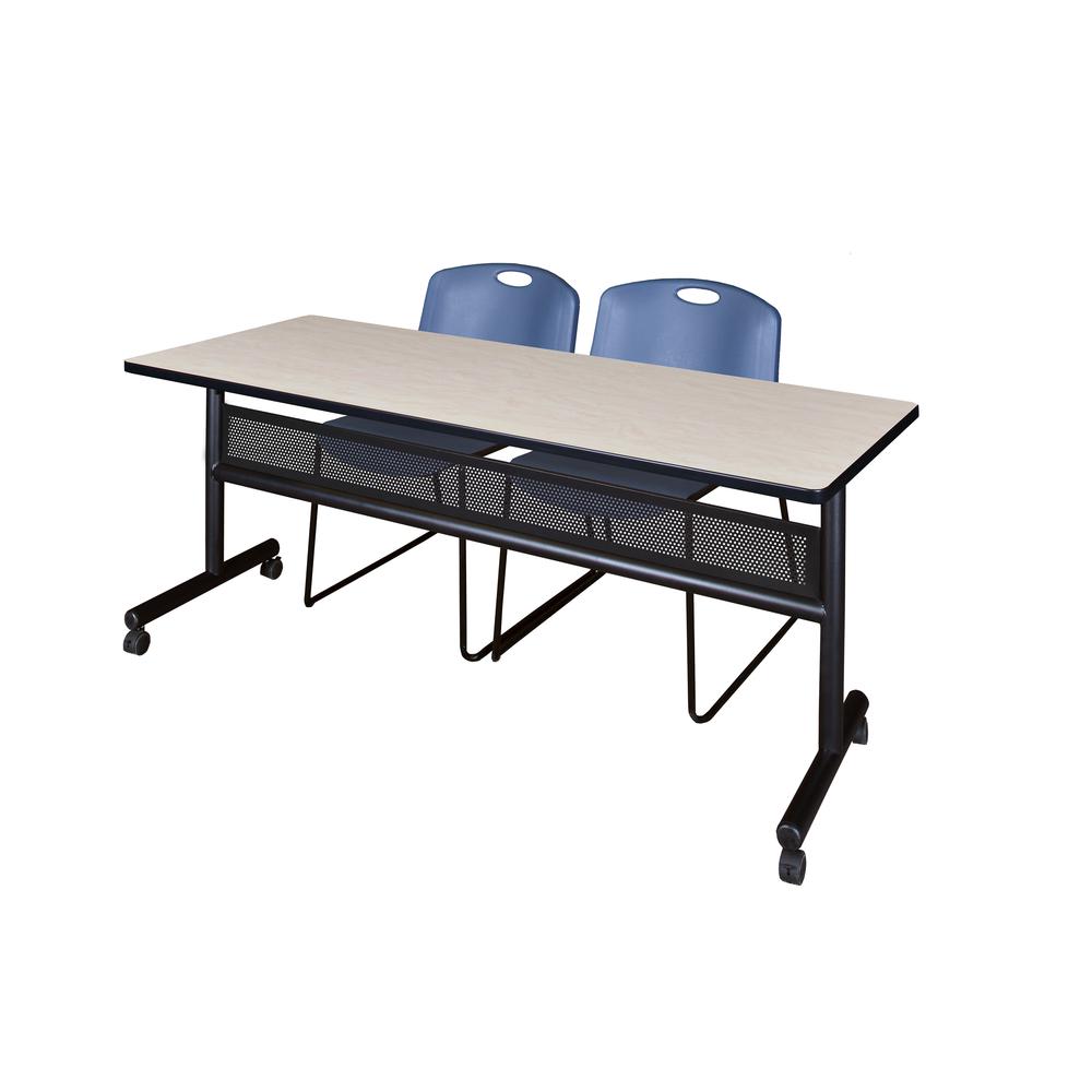 72" x 24" Flip Top Mobile Training Table with Modesty Panel- Maple and 2 Zeng Stack Chairs- Blue. Picture 1