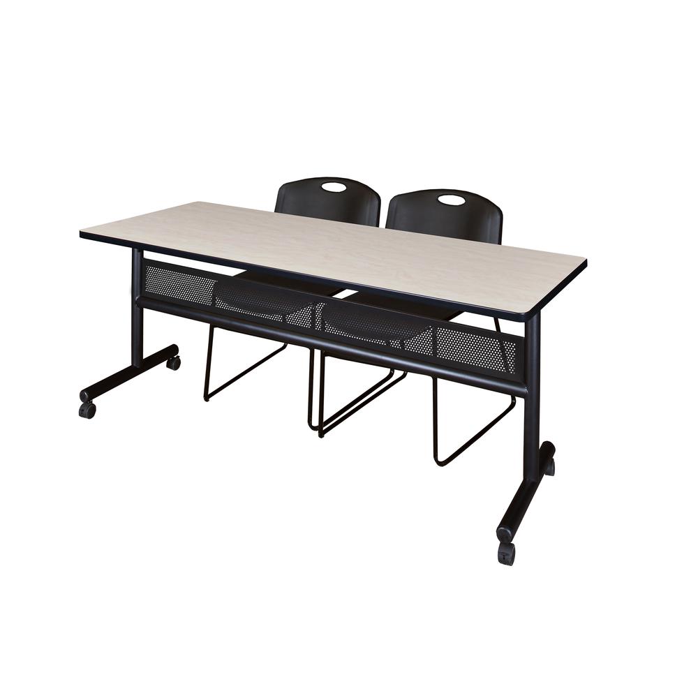 72" x 24" Flip Top Mobile Training Table with Modesty Panel- Maple and 2 Zeng Stack Chairs- Black. Picture 1