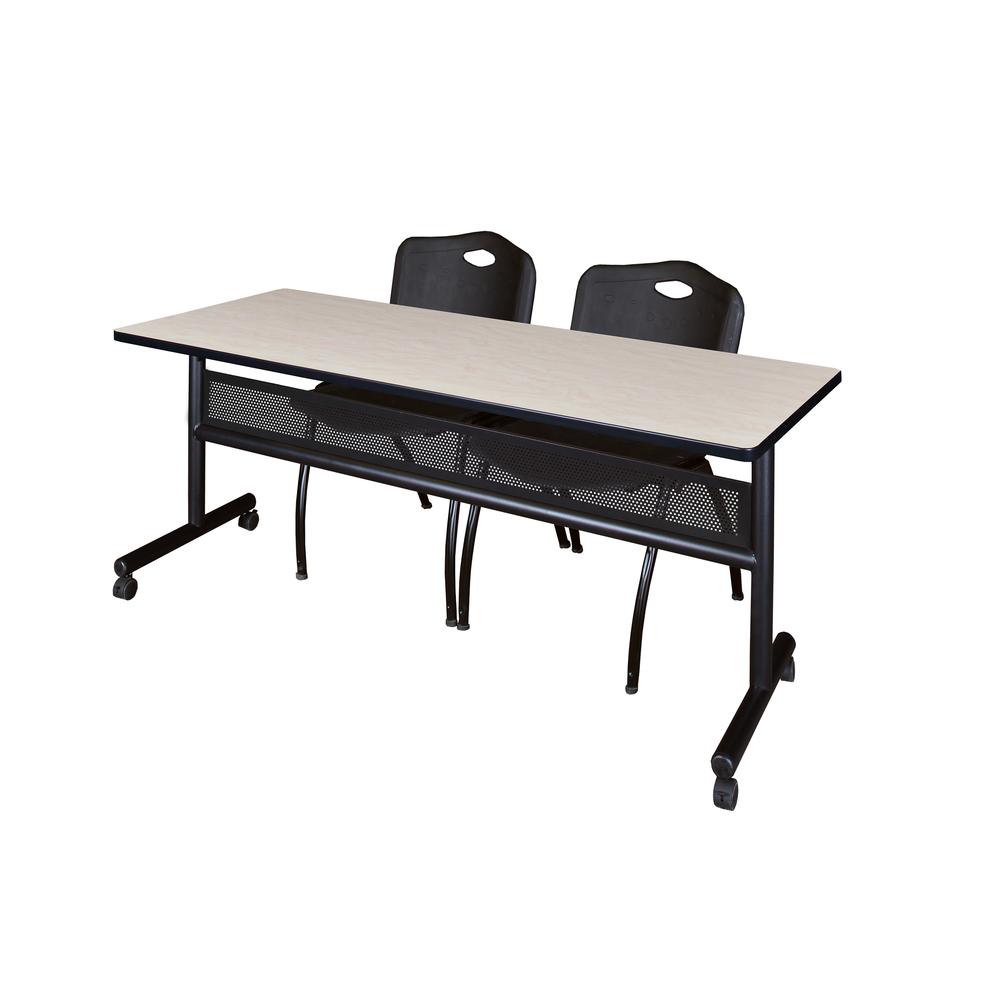72" x 24" Flip Top Mobile Training Table with Modesty Panel- Maple and 2 "M" Stack Chairs- Black. Picture 1