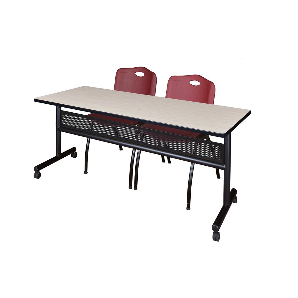 72" x 24" Flip Top Mobile Training Table with Modesty Panel- Maple and 2 "M" Stack Chairs- Burgundy. Picture 1