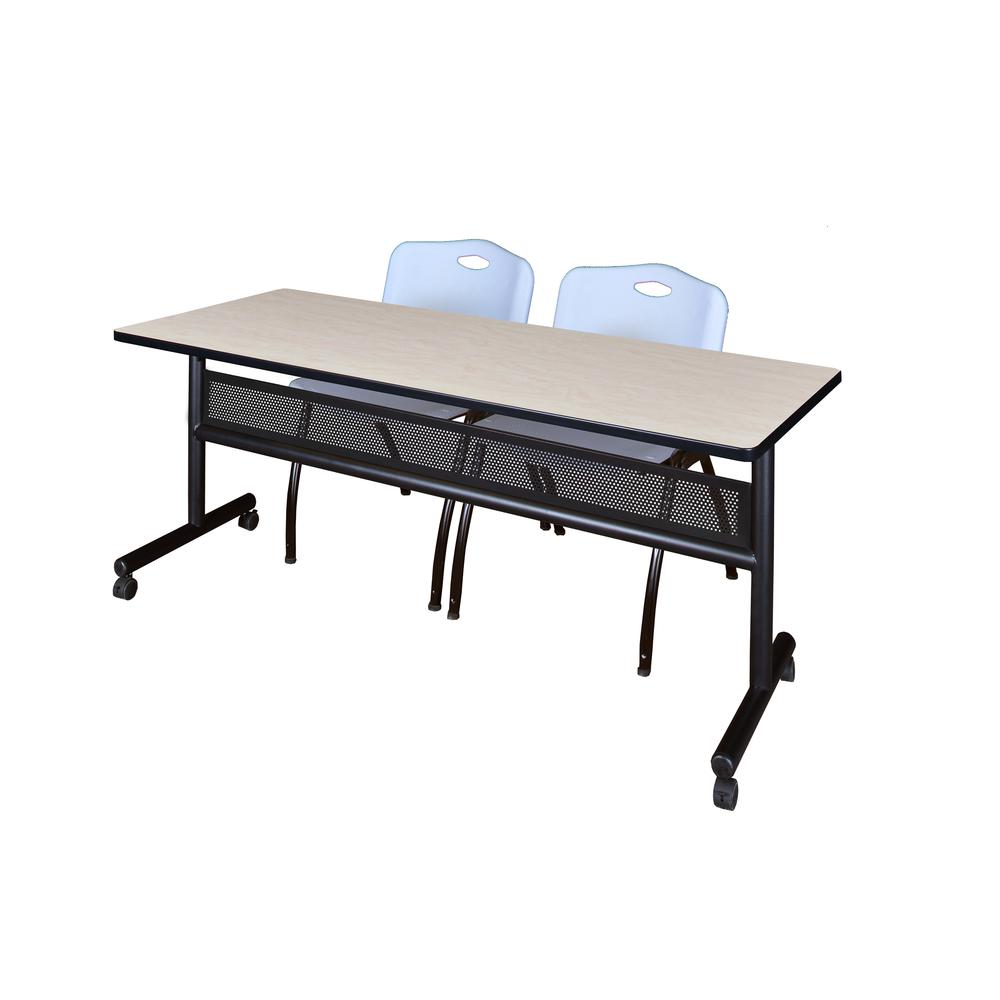 72" x 24" Flip Top Mobile Training Table with Modesty Panel- Maple and 2 "M" Stack Chairs- Grey. Picture 1