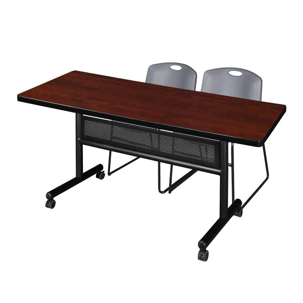 72" x 30" Flip Top Mobile Training Table with Modesty Panel- Cherry and 2 Zeng Stack Chairs- Grey. Picture 1