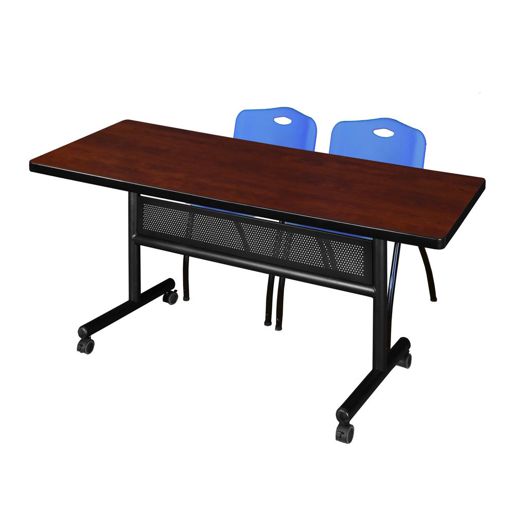 72" x 30" Flip Top Mobile Training Table with Modesty Panel- Cherry and 2 "M" Stack Chairs- Blue. Picture 1