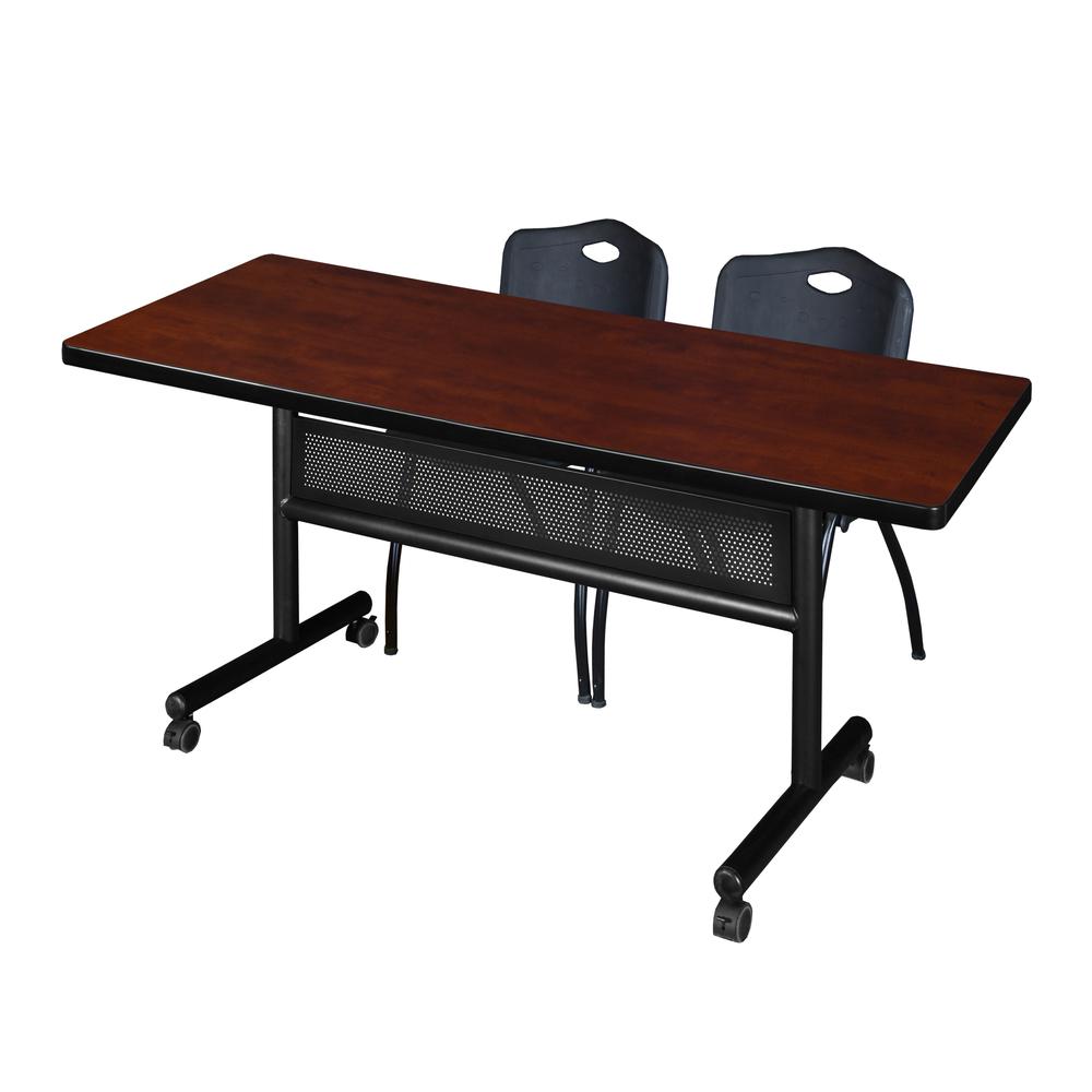 72" x 30" Flip Top Mobile Training Table with Modesty Panel- Cherry and 2 "M" Stack Chairs- Black. Picture 1