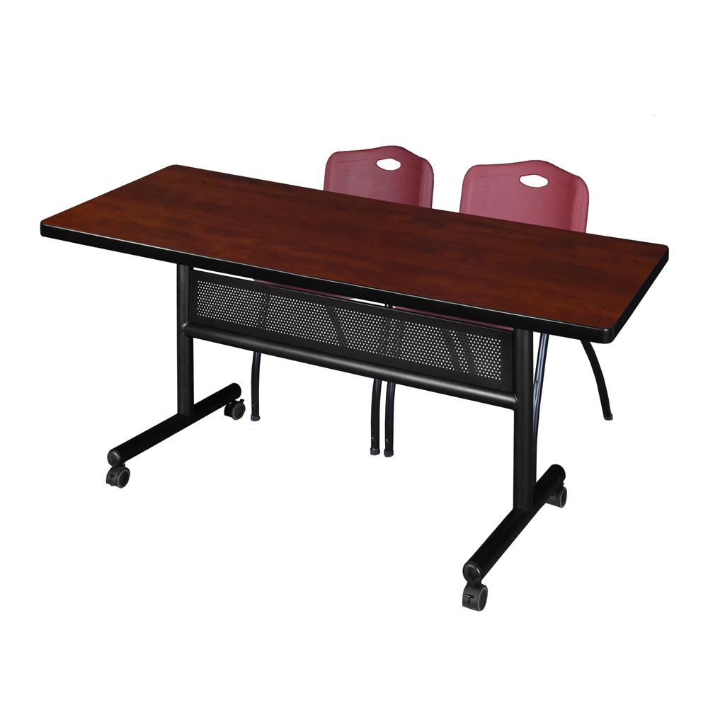 72" x 30" Flip Top Mobile Training Table with Modesty Panel- Cherry and 2 "M" Stack Chairs- Burgundy. Picture 1