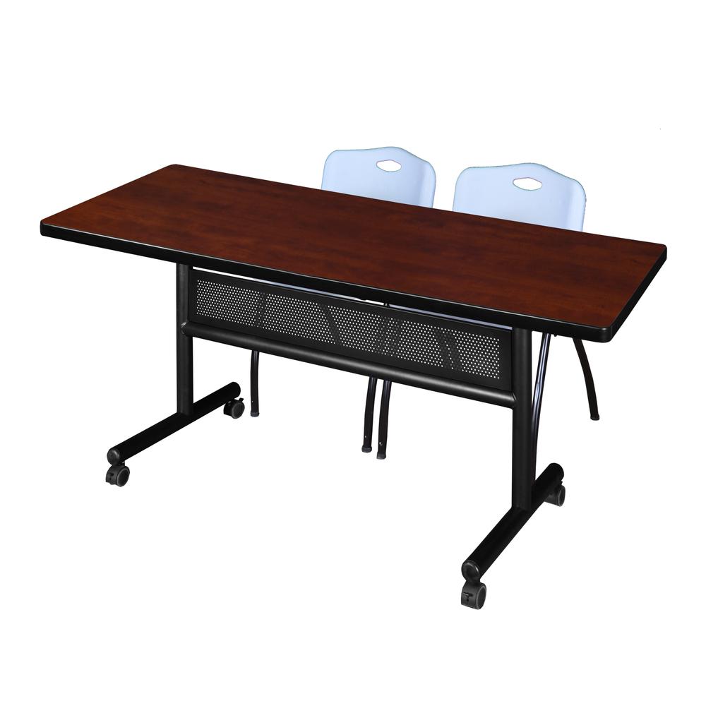 72" x 30" Flip Top Mobile Training Table with Modesty Panel- Cherry and 2 "M" Stack Chairs- Grey. Picture 1