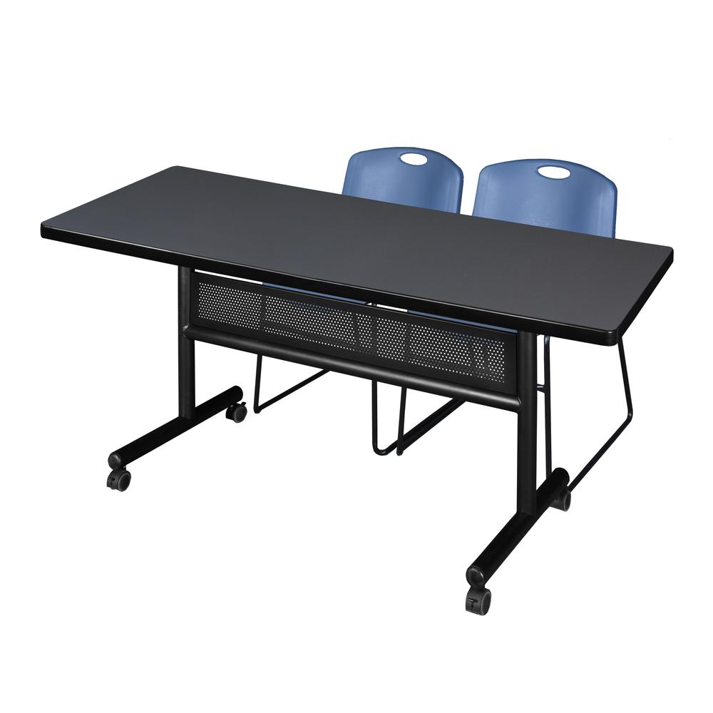 72" x 30" Flip Top Mobile Training Table with Modesty Panel- Grey and 2 Zeng Stack Chairs- Blue. Picture 1
