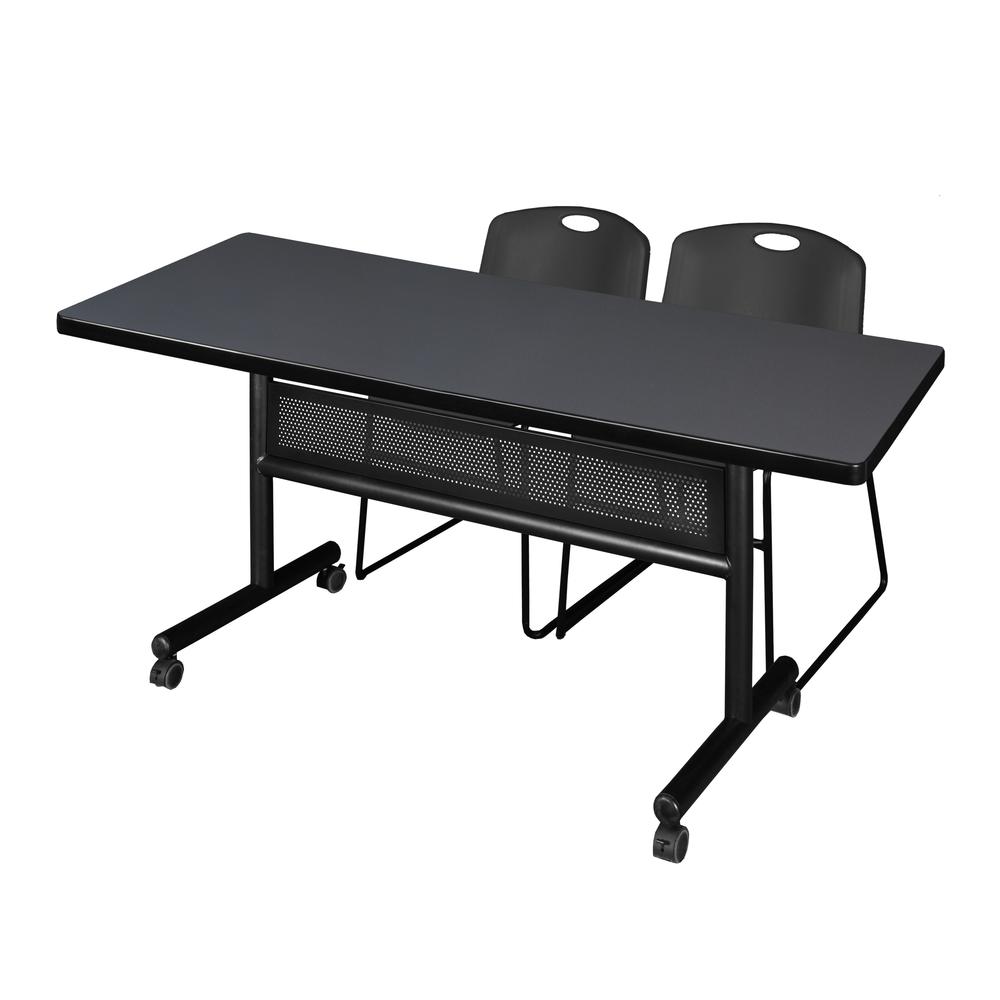 72" x 30" Flip Top Mobile Training Table with Modesty Panel- Grey and 2 Zeng Stack Chairs- Black. Picture 1
