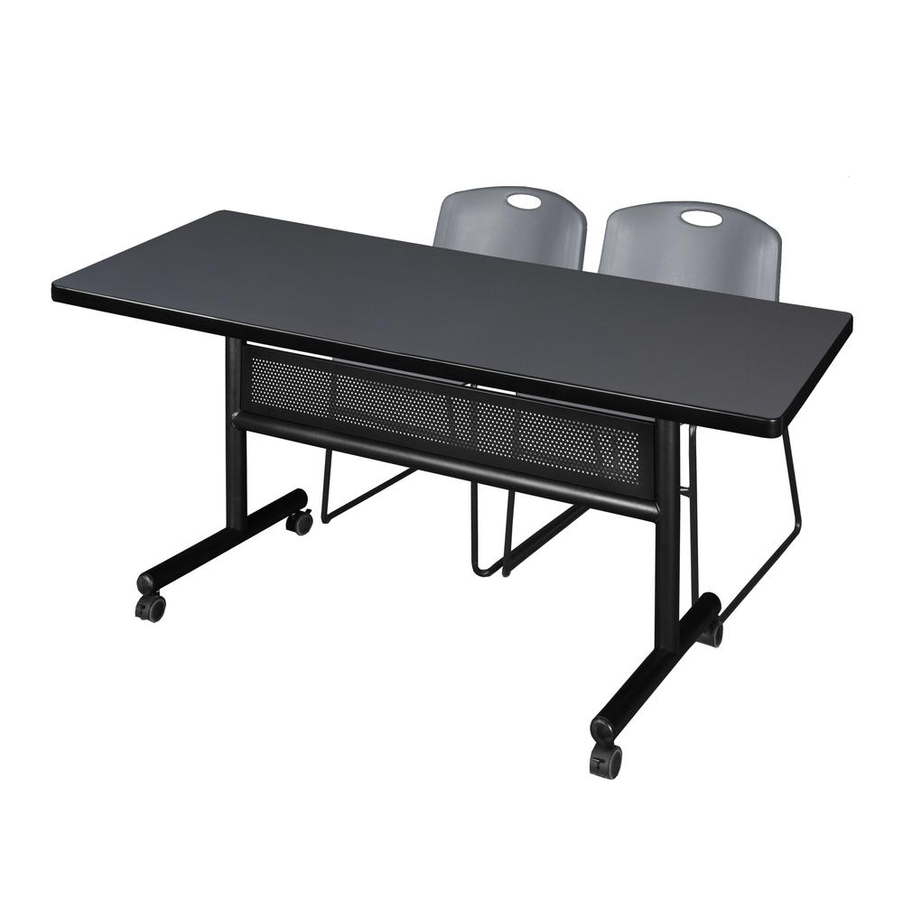 72" x 30" Flip Top Mobile Training Table with Modesty Panel- Grey and 2 Zeng Stack Chairs- Grey. Picture 1