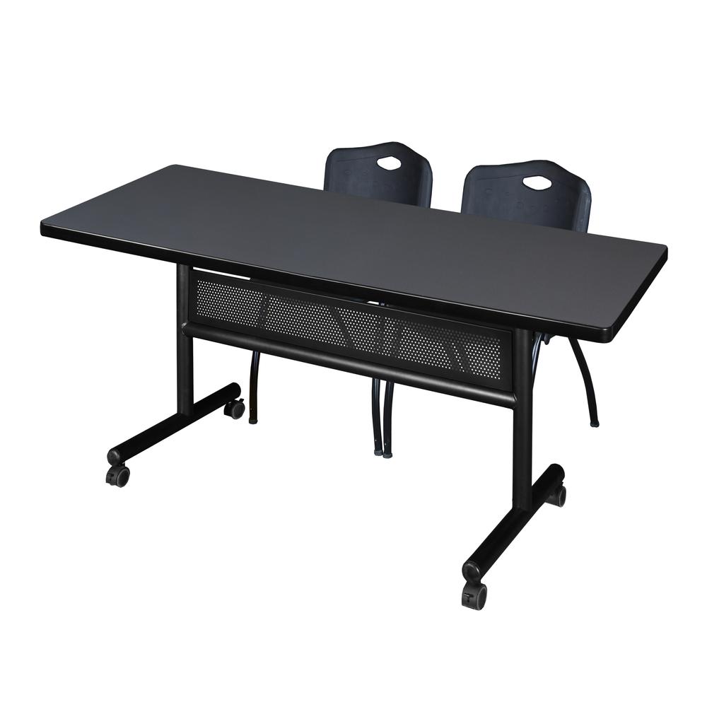 72" x 30" Flip Top Mobile Training Table with Modesty Panel- Grey and 2 "M" Stack Chairs- Black. Picture 1