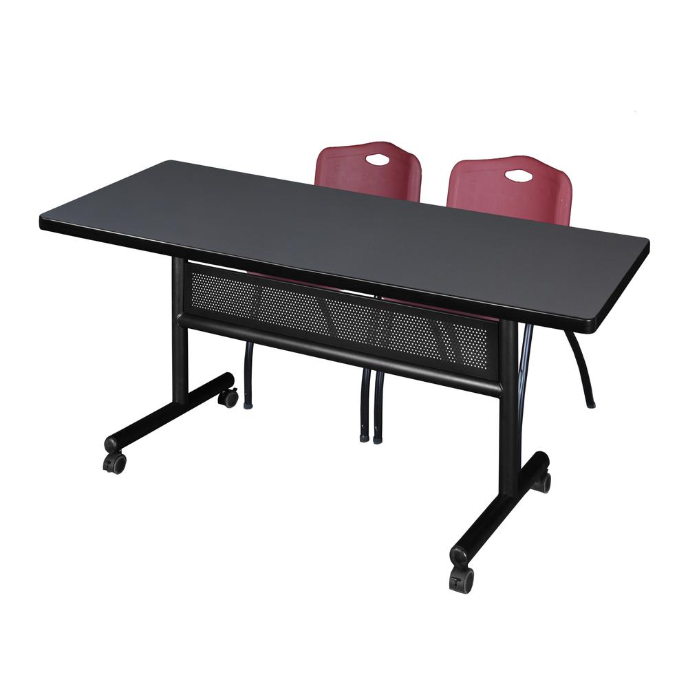 72" x 30" Flip Top Mobile Training Table with Modesty Panel- Grey and 2 "M" Stack Chairs- Burgundy. Picture 1