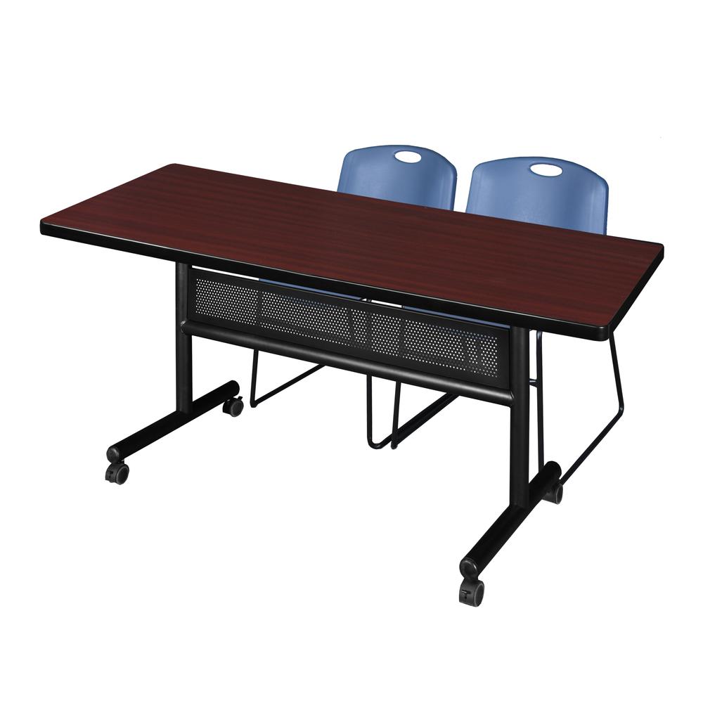 72" x 30" Flip Top Mobile Training Table with Modesty Panel- Mahogany and 2 Zeng Stack Chairs- Blue. Picture 1