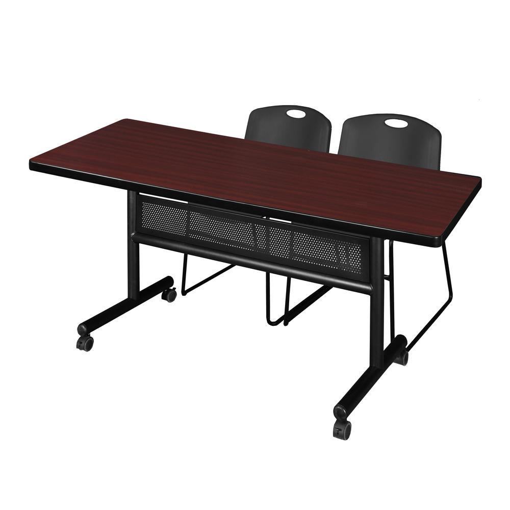 72" x 30" Flip Top Mobile Training Table with Modesty Panel- Mahogany and 2 Zeng Stack Chairs- Black. Picture 1