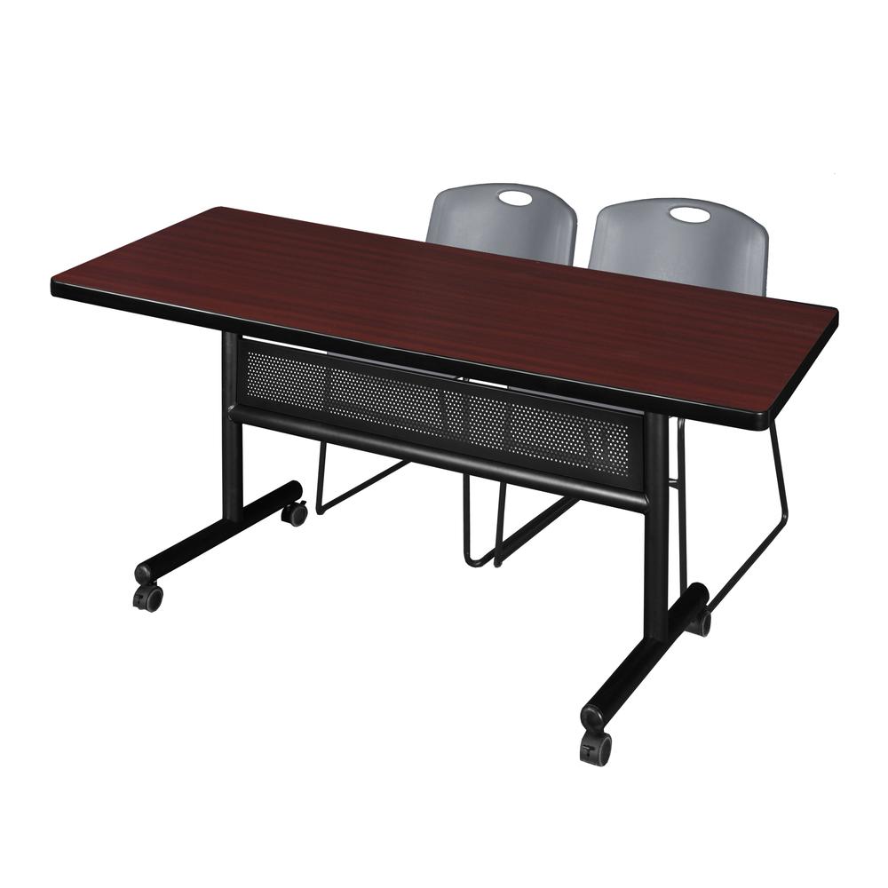 72" x 30" Flip Top Mobile Training Table with Modesty Panel- Mahogany and 2 Zeng Stack Chairs- Grey. Picture 1