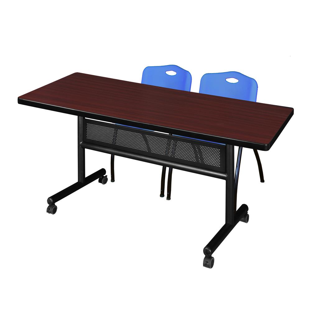 72" x 30" Flip Top Mobile Training Table with Modesty Panel- Mahogany and 2 "M" Stack Chairs- Blue. Picture 1