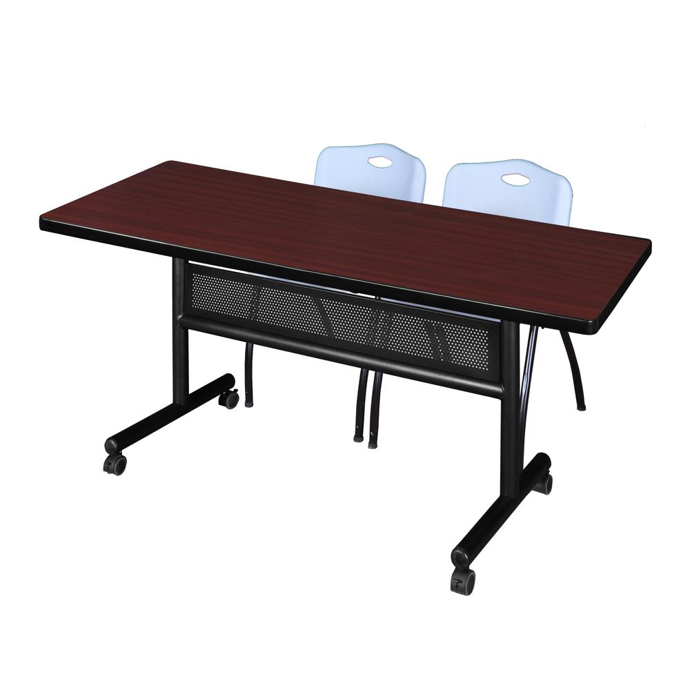 72" x 30" Flip Top Mobile Training Table with Modesty Panel- Mahogany and 2 "M" Stack Chairs- Grey. Picture 1