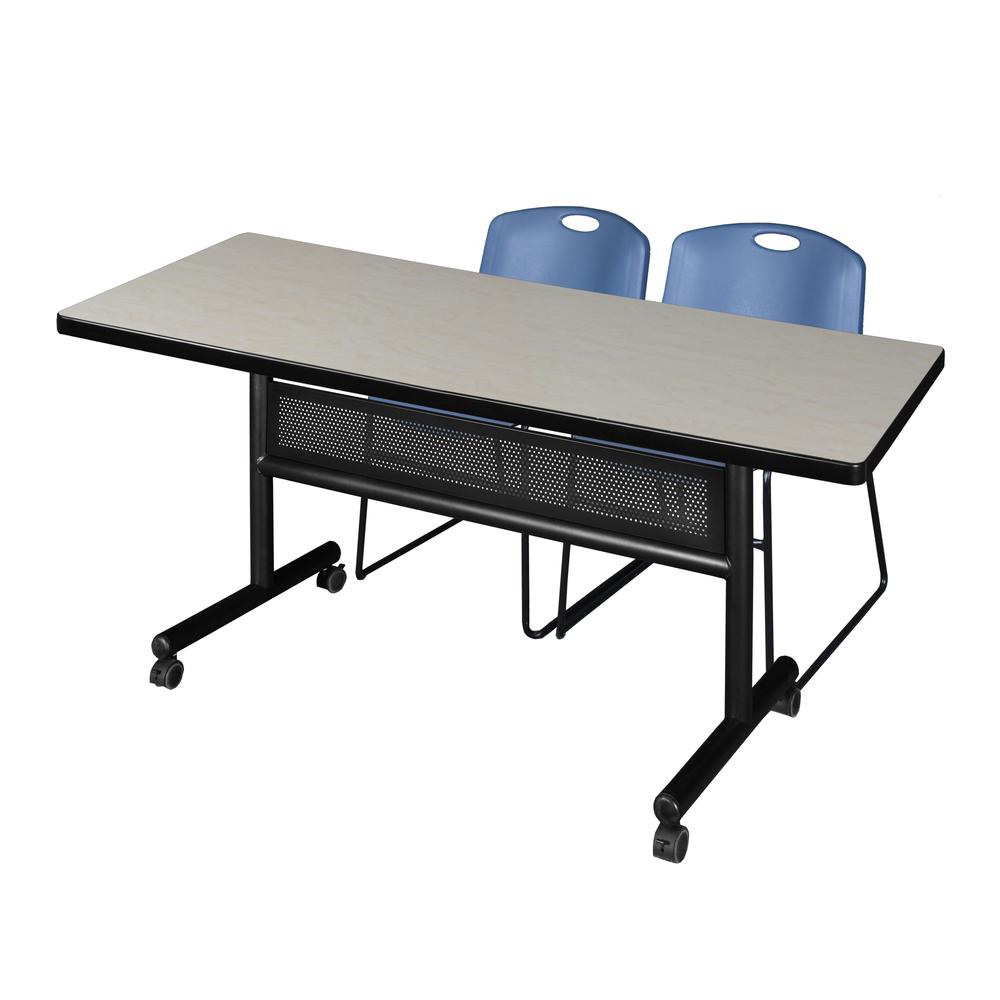 72" x 30" Flip Top Mobile Training Table with Modesty Panel- Maple and 2 Zeng Stack Chairs- Blue. Picture 1