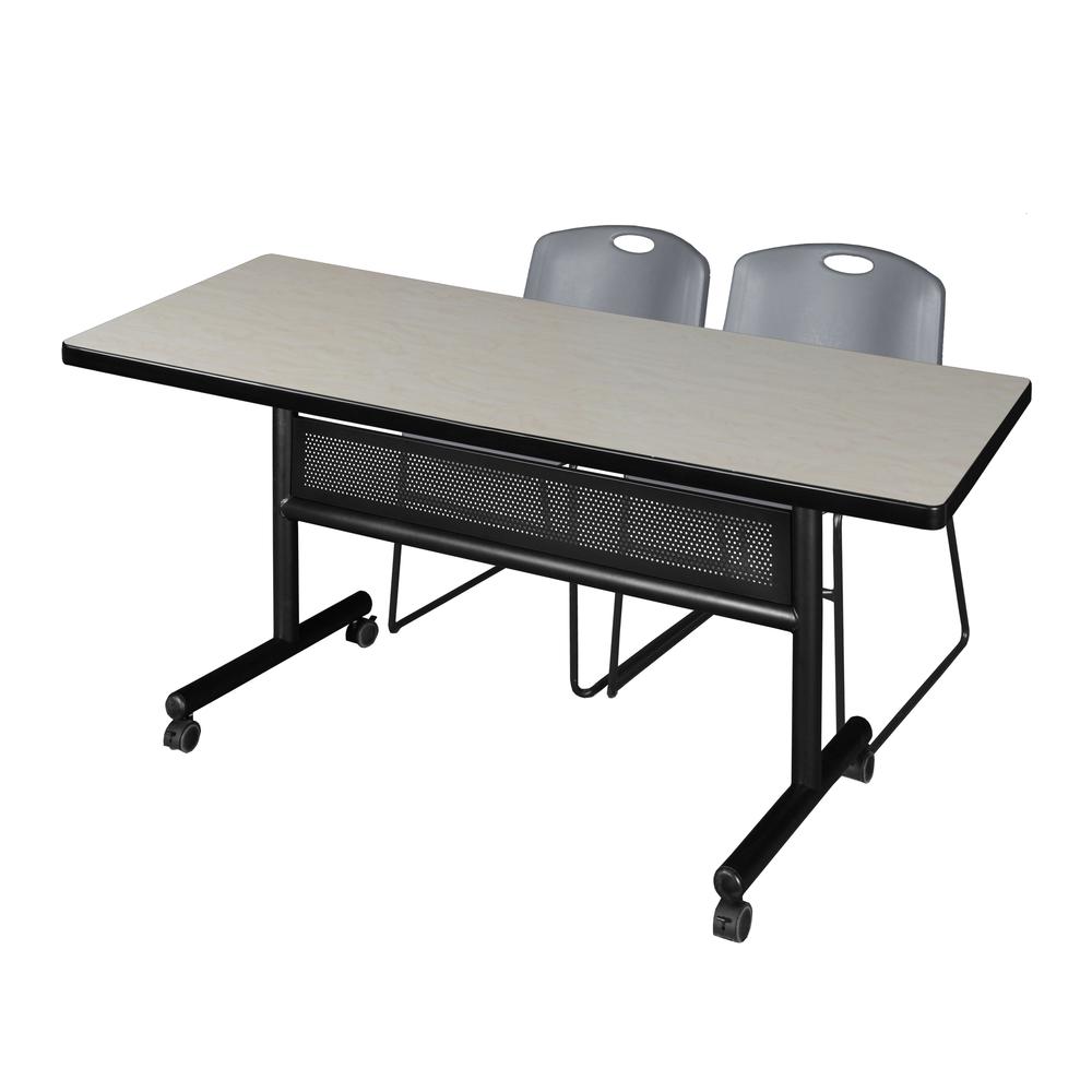 72" x 30" Flip Top Mobile Training Table with Modesty Panel- Maple and 2 Zeng Stack Chairs- Grey. Picture 1