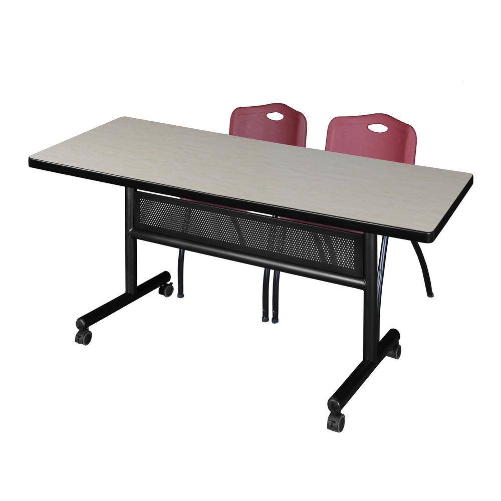 72" x 30" Flip Top Mobile Training Table with Modesty Panel- Maple and 2 "M" Stack Chairs- Burgundy. Picture 1