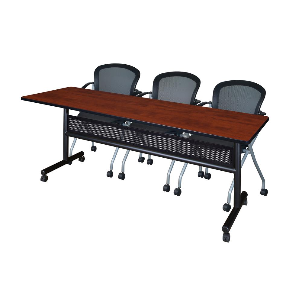 84" x 24" Flip Top Mobile Training Table with Modesty Panel- Cherry and 3 Cadence Nesting Chairs. Picture 1