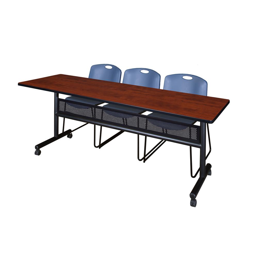 84" x 24" Flip Top Mobile Training Table with Modesty Panel- Cherry and 3 Zeng Stack Chairs- Blue. Picture 1