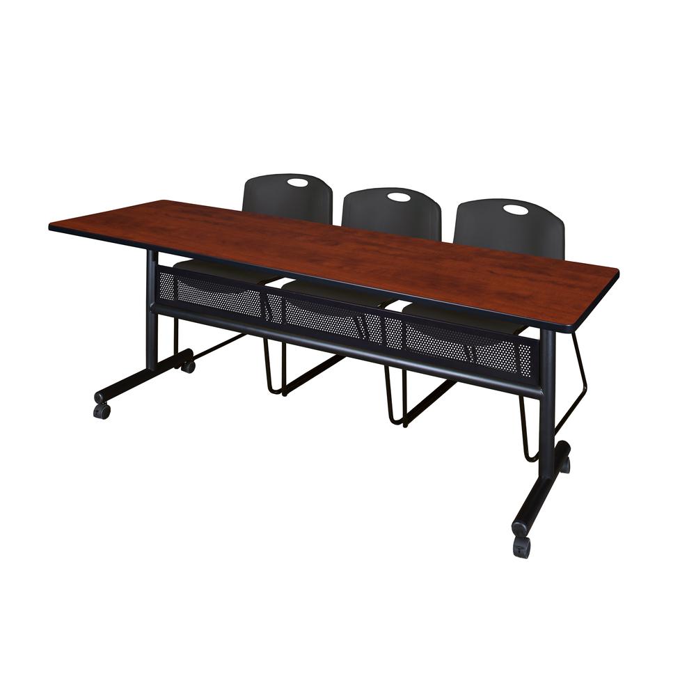 84" x 24" Flip Top Mobile Training Table with Modesty Panel- Cherry and 3 Zeng Stack Chairs- Black. Picture 1