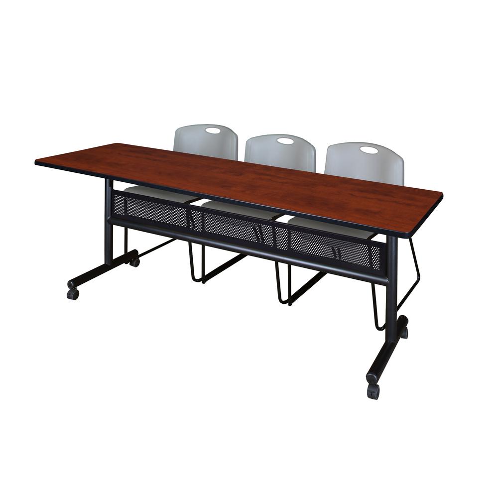 84" x 24" Flip Top Mobile Training Table with Modesty Panel- Cherry and 3 Zeng Stack Chairs- Grey. Picture 1