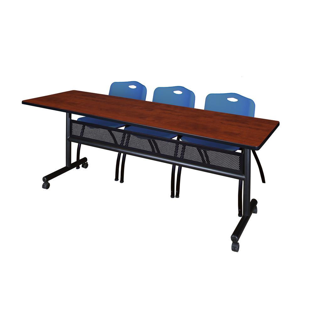 84" x 24" Flip Top Mobile Training Table with Modesty Panel- Cherry and 3 "M" Stack Chairs- Blue. Picture 1