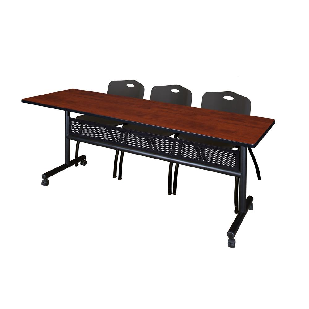 84" x 24" Flip Top Mobile Training Table with Modesty Panel- Cherry and 3 "M" Stack Chairs- Black. Picture 1