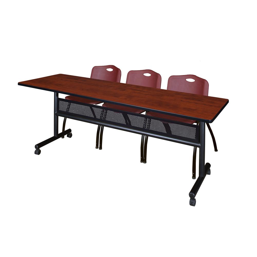 84" x 24" Flip Top Mobile Training Table with Modesty Panel- Cherry and 3 "M" Stack Chairs- Burgundy. Picture 1