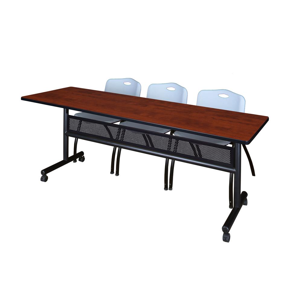 84" x 24" Flip Top Mobile Training Table with Modesty Panel- Cherry and 3 "M" Stack Chairs- Grey. Picture 1