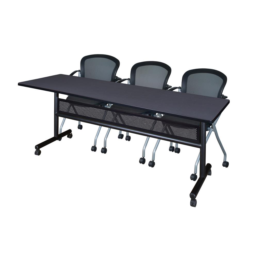 84" x 24" Flip Top Mobile Training Table with Modesty Panel- Grey and 3 Cadence Nesting Chairs. Picture 1