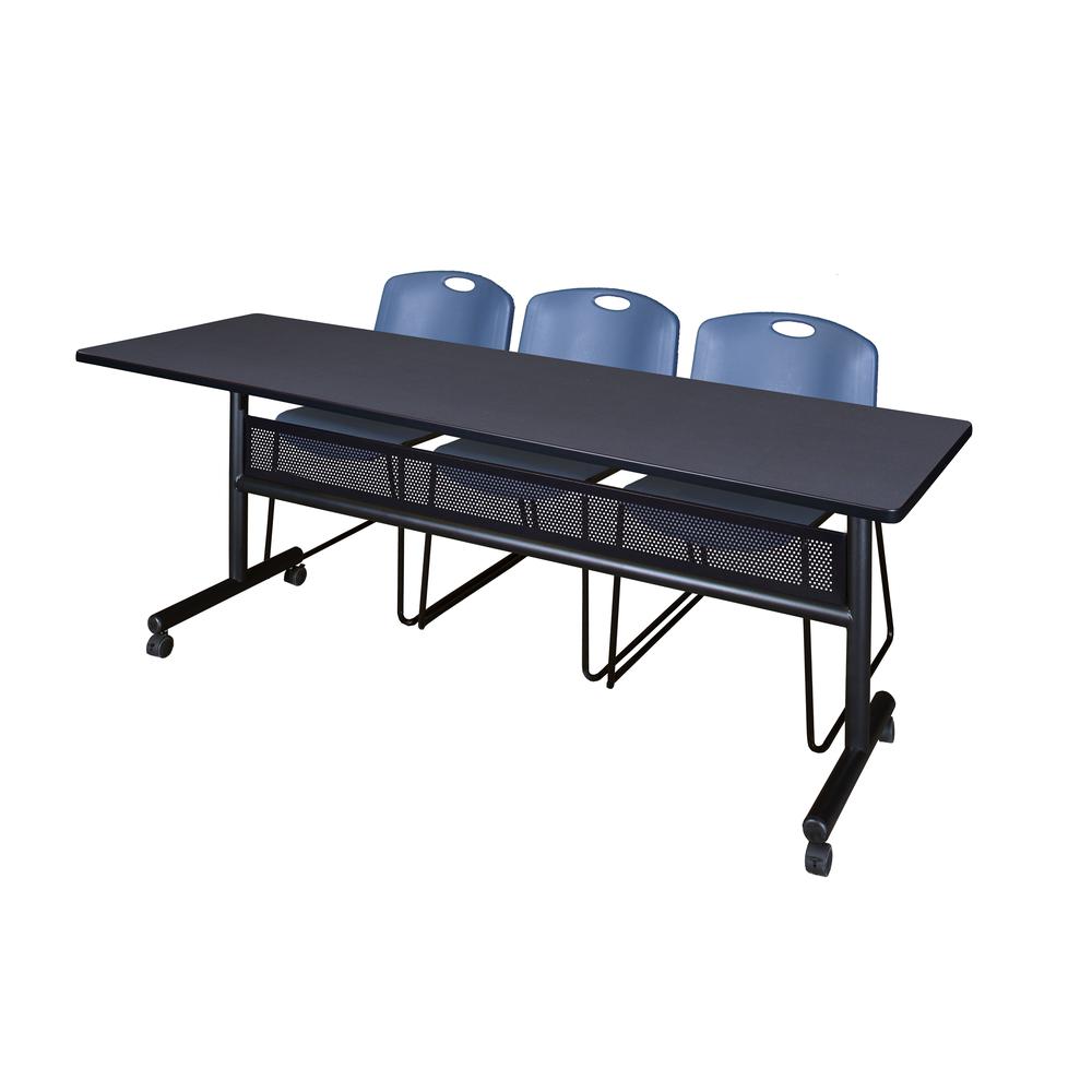 84" x 24" Flip Top Mobile Training Table with Modesty Panel- Grey and 3 Zeng Stack Chairs- Blue. Picture 1