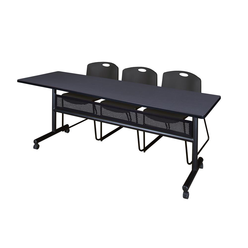 84" x 24" Flip Top Mobile Training Table with Modesty Panel- Grey and 3 Zeng Stack Chairs- Black. Picture 1