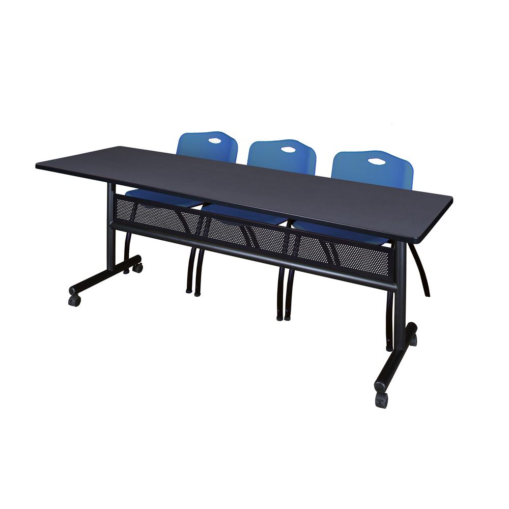 84" x 24" Flip Top Mobile Training Table with Modesty Panel- Grey and 3 "M" Stack Chairs- Blue. Picture 1