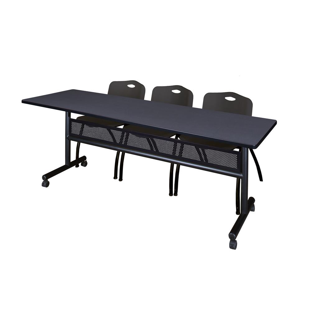 84" x 24" Flip Top Mobile Training Table with Modesty Panel- Grey and 3 "M" Stack Chairs- Black. Picture 1