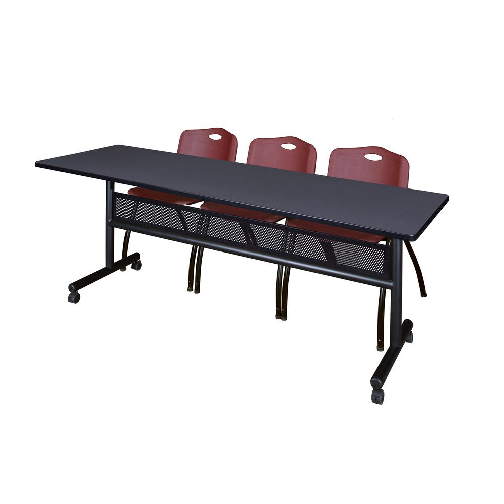 84" x 24" Flip Top Mobile Training Table with Modesty Panel- Grey and 3 "M" Stack Chairs- Burgundy. Picture 1