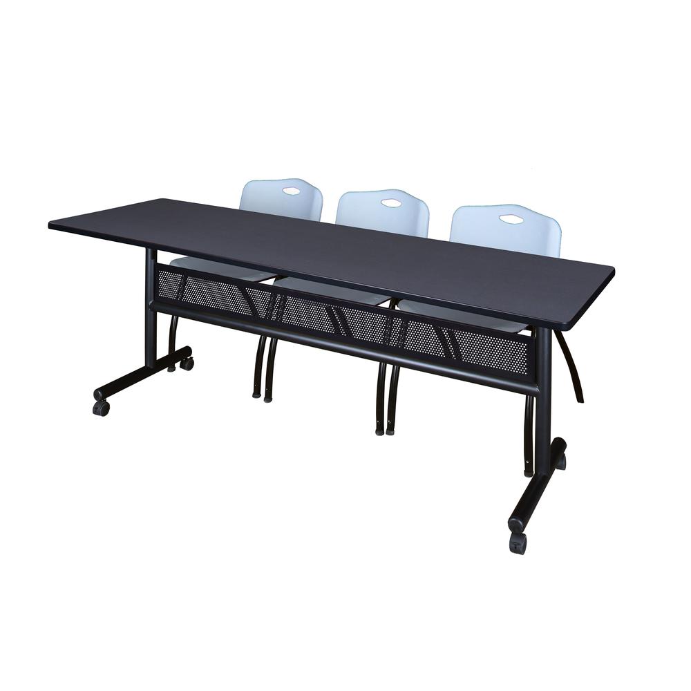 84" x 24" Flip Top Mobile Training Table with Modesty Panel- Grey and 3 "M" Stack Chairs- Grey. Picture 1
