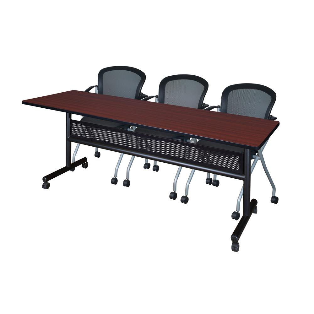 84" x 24" Flip Top Mobile Training Table with Modesty Panel- Mahogany and 3 Cadence Nesting Chairs. Picture 1