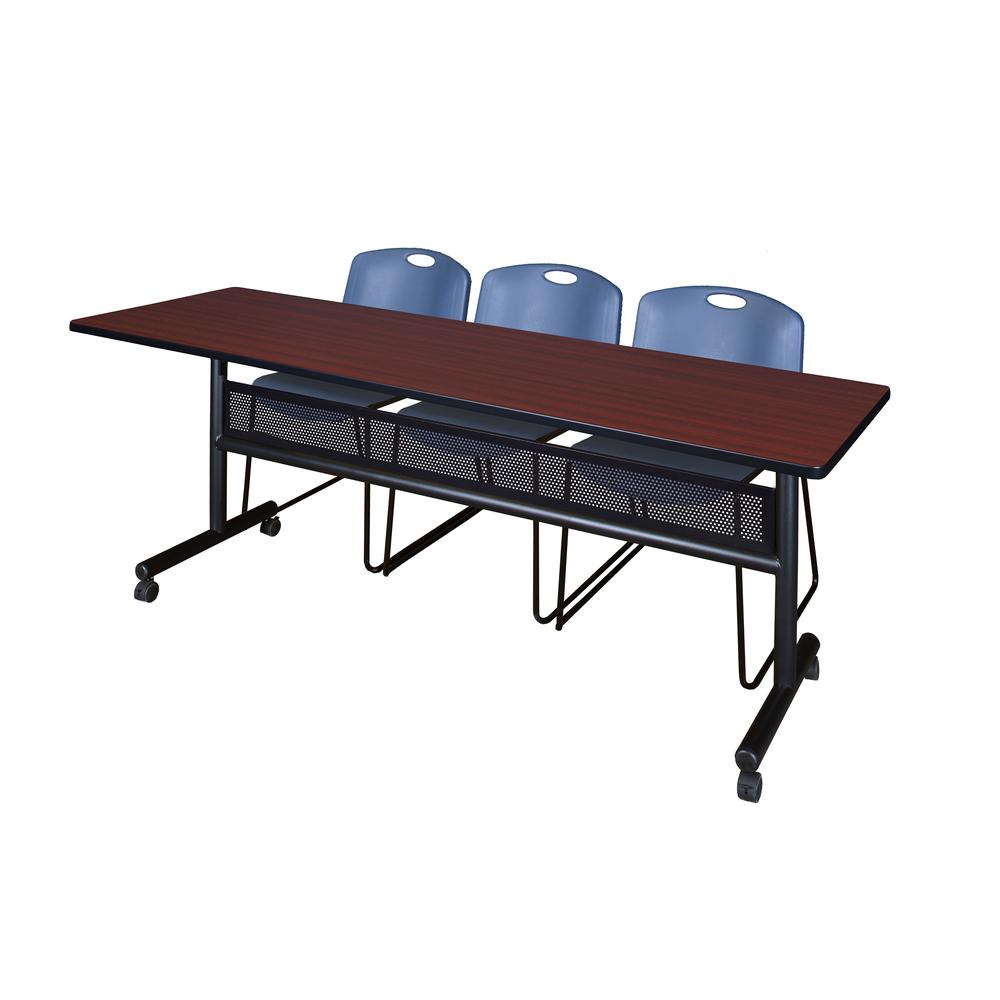 84" x 24" Flip Top Mobile Training Table with Modesty Panel- Mahogany and 3 Zeng Stack Chairs- Blue. Picture 1