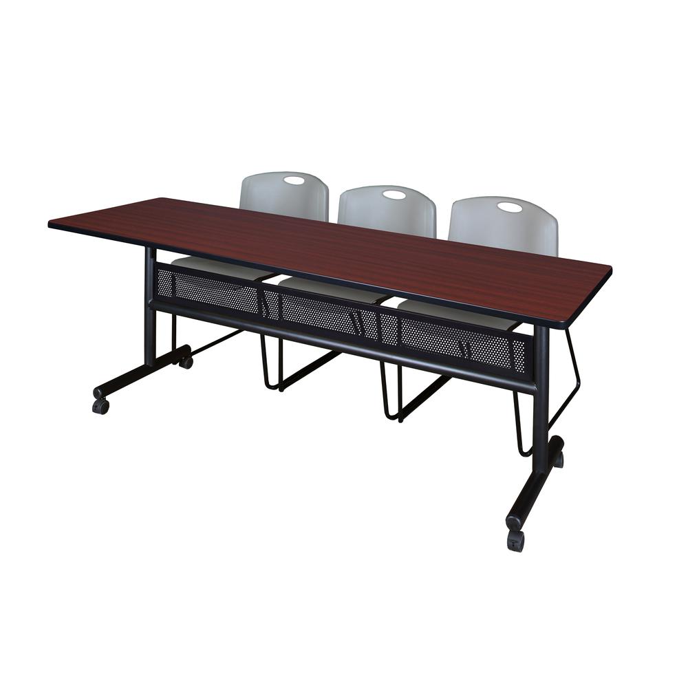 84" x 24" Flip Top Mobile Training Table with Modesty Panel- Mahogany and 3 Zeng Stack Chairs- Grey. Picture 1