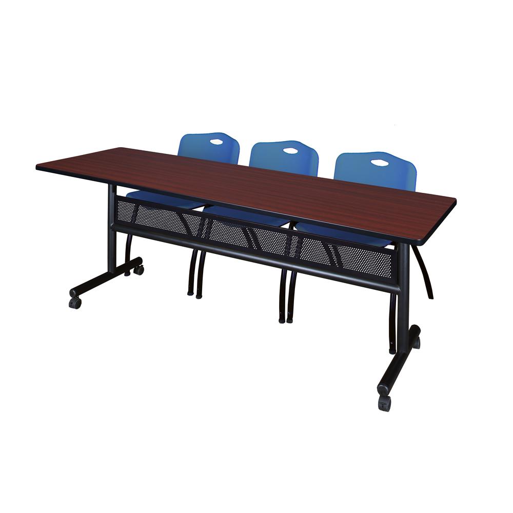 84" x 24" Flip Top Mobile Training Table with Modesty Panel- Mahogany and 3 "M" Stack Chairs- Blue. Picture 1