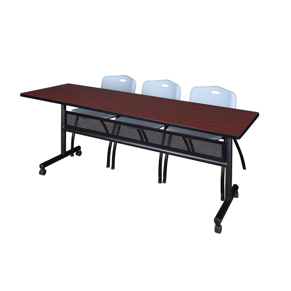 84" x 24" Flip Top Mobile Training Table with Modesty Panel- Mahogany and 3 "M" Stack Chairs- Grey. Picture 1