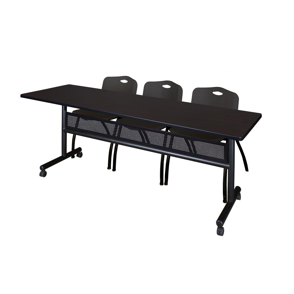 84" x 24" Flip Top Mobile Training Table with Modesty Panel- Mocha Walnut and 3 "M" Stack Chairs- Black. Picture 1
